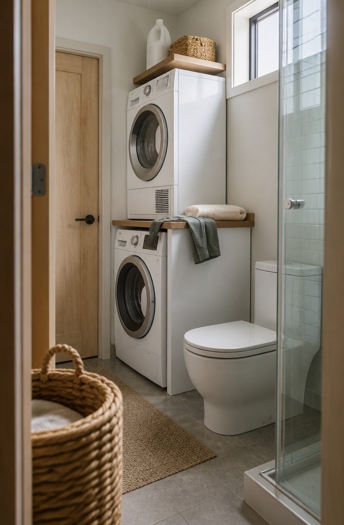 Stackable washer and dryer tucked into a tiny bathroom corner