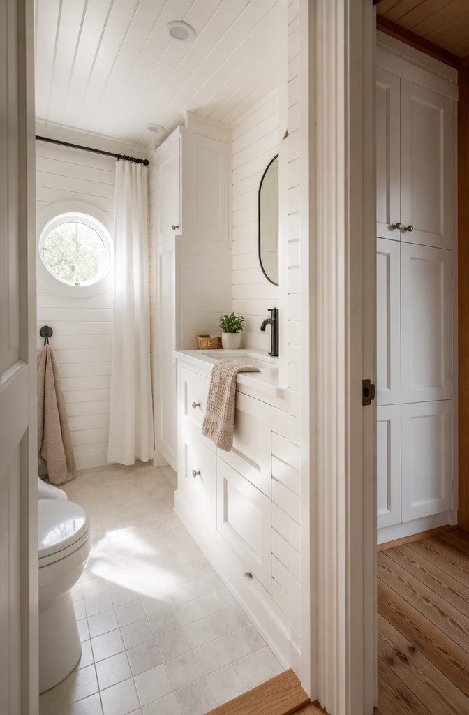 Tiny bathroom with white shiplap walls, white cabinetry, pale tile, and woven basket