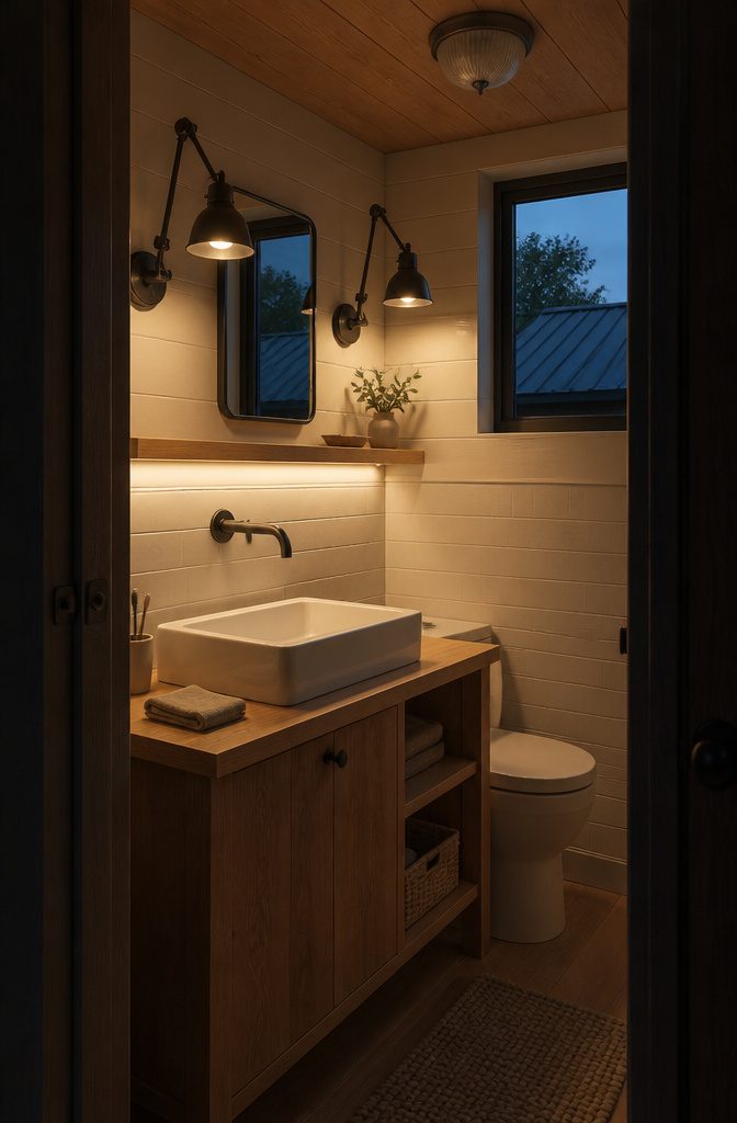 Bathroom mirror flanked by adjustable swingarm sconces with a shelf light