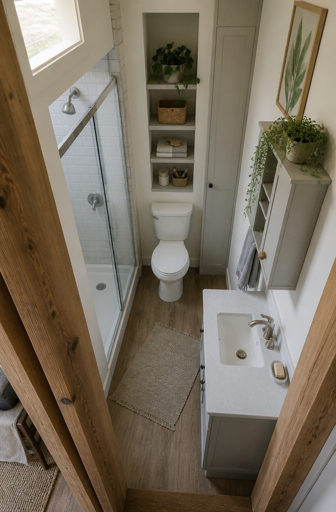 Tiny bathroom with a narrow layout, compact shower, toilet, and tall storage