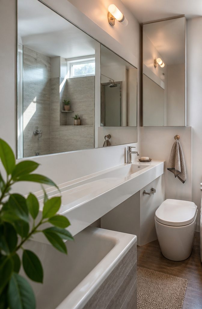 Large mirrored medicine cabinet above a bathroom sink with toiletries inside