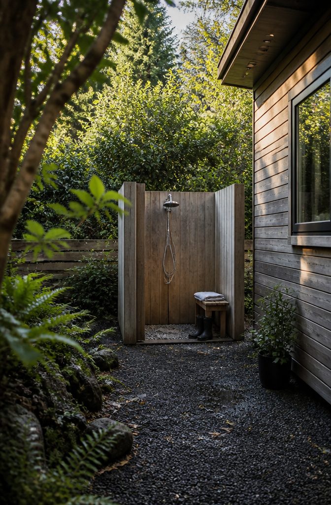 Outdoor shower beside a tiny house with a simple enclosure and hose