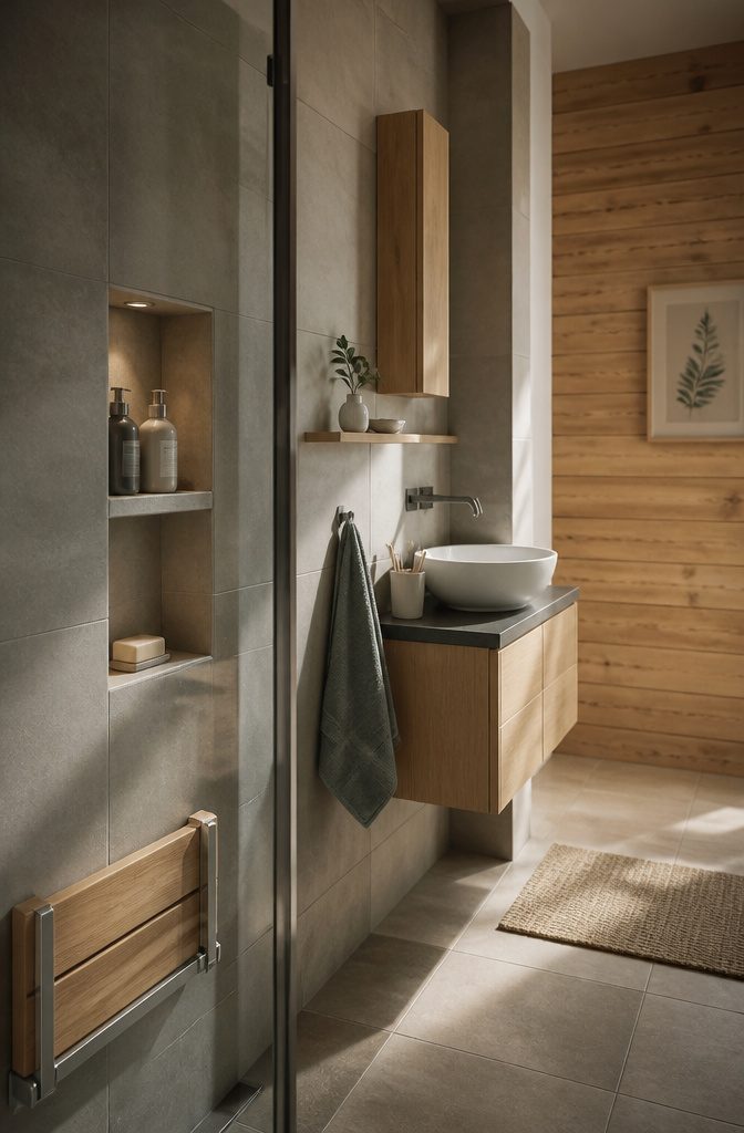 Recessed tiled shower niche with toiletries beside a floating shelf and cabinet
