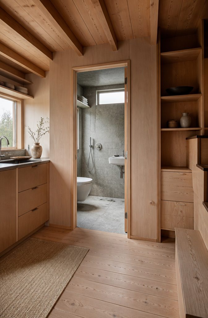 Wet bath with a shower beside a toilet and compact sink