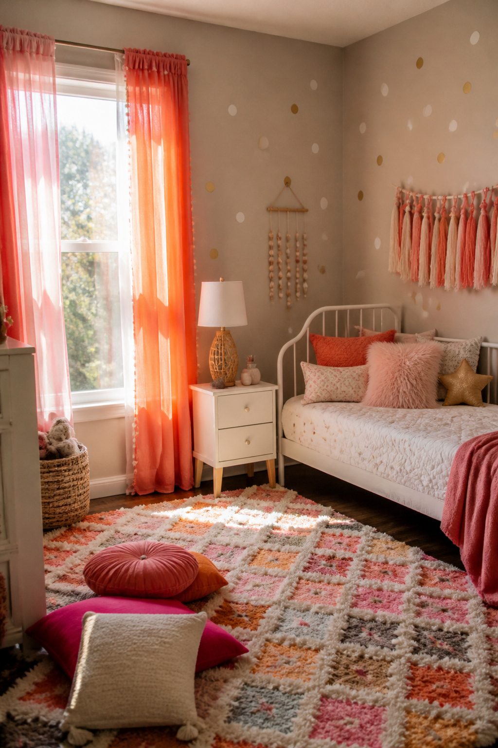 Toddler bedroom featuring coral curtains and colorful throw pillows.