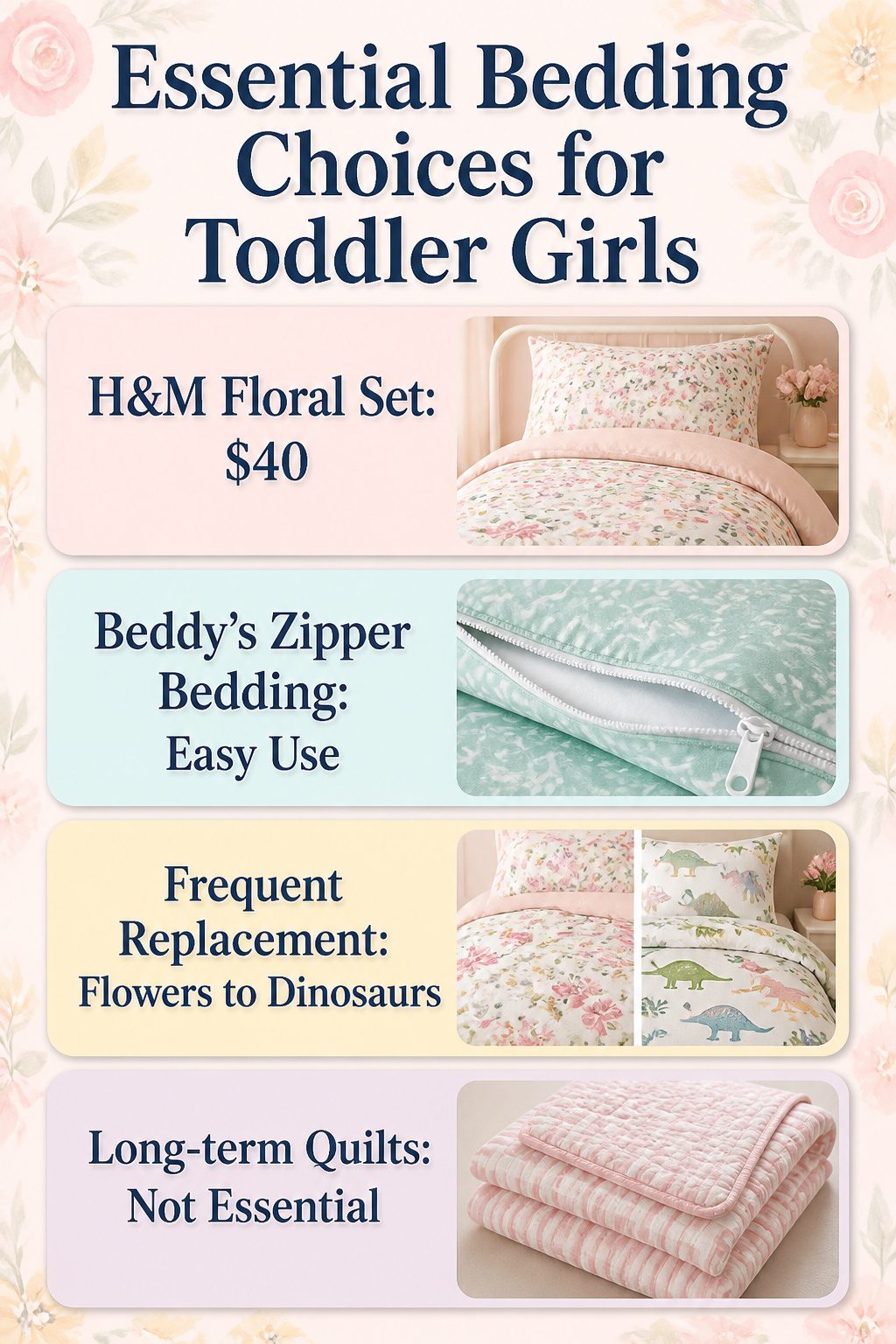 Bedding sets displayed in a toddler girl bedroom with floral patterns.