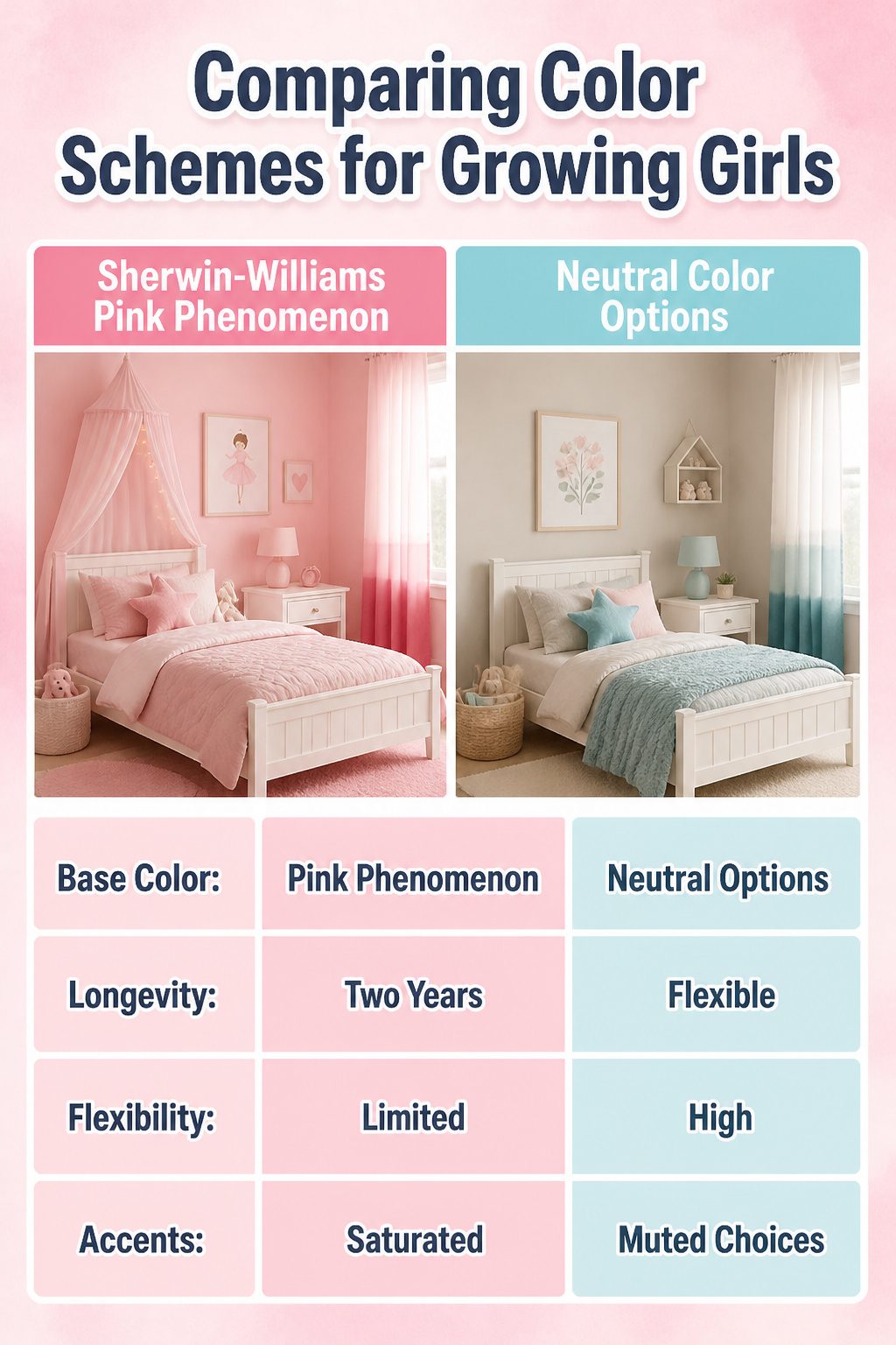 Visual comparison of color schemes suitable for toddler girls' rooms.