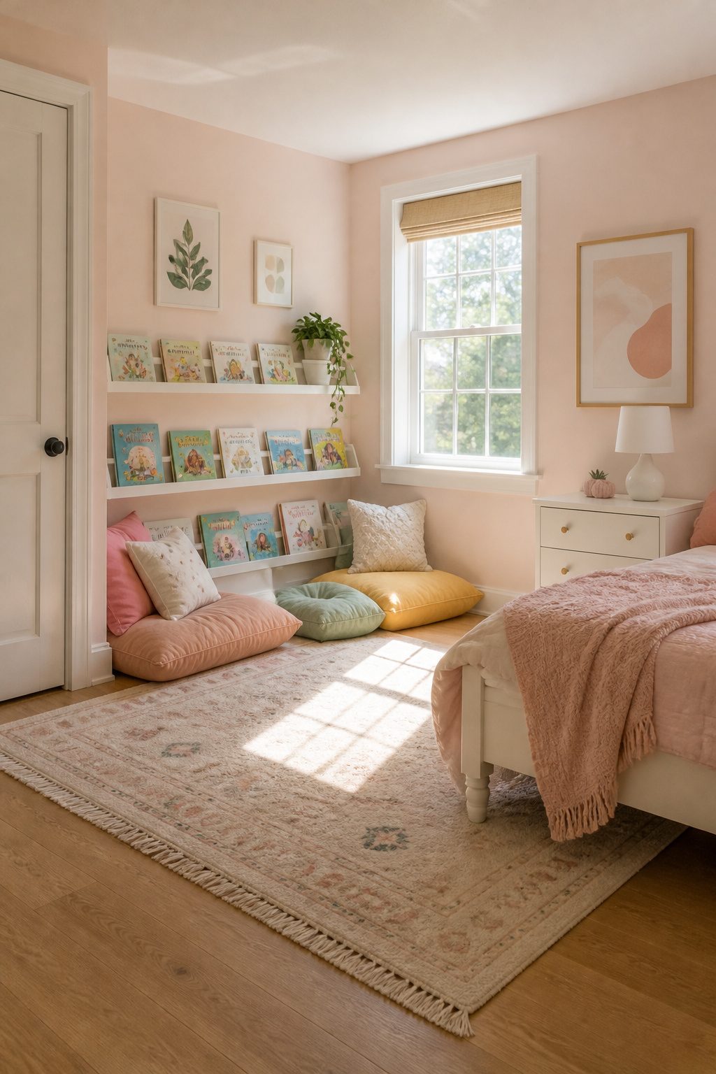 Toddler reading nook with front-facing bookshelves and floor cushions.