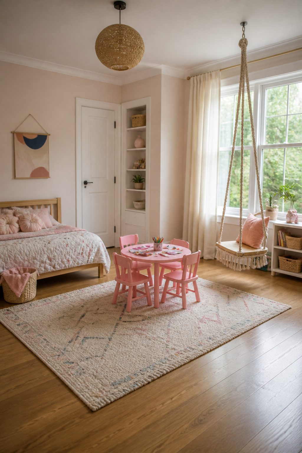 Play corner in a toddler bedroom with table, chairs, and a tent.