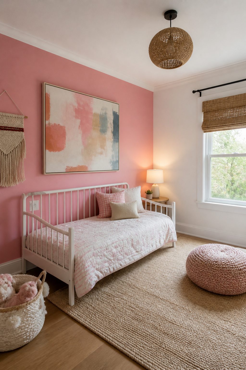 Accent wall painted in warm pink with decorative wall hanging.