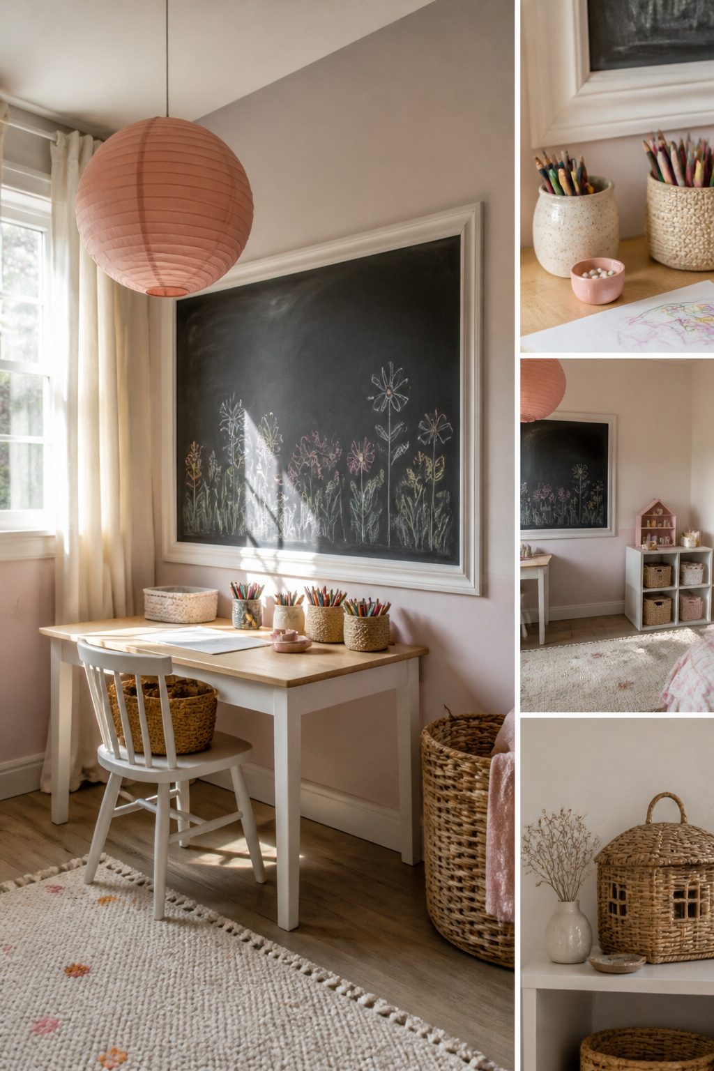 Chalkboard wallpaper installed at desk height in a toddler bedroom.