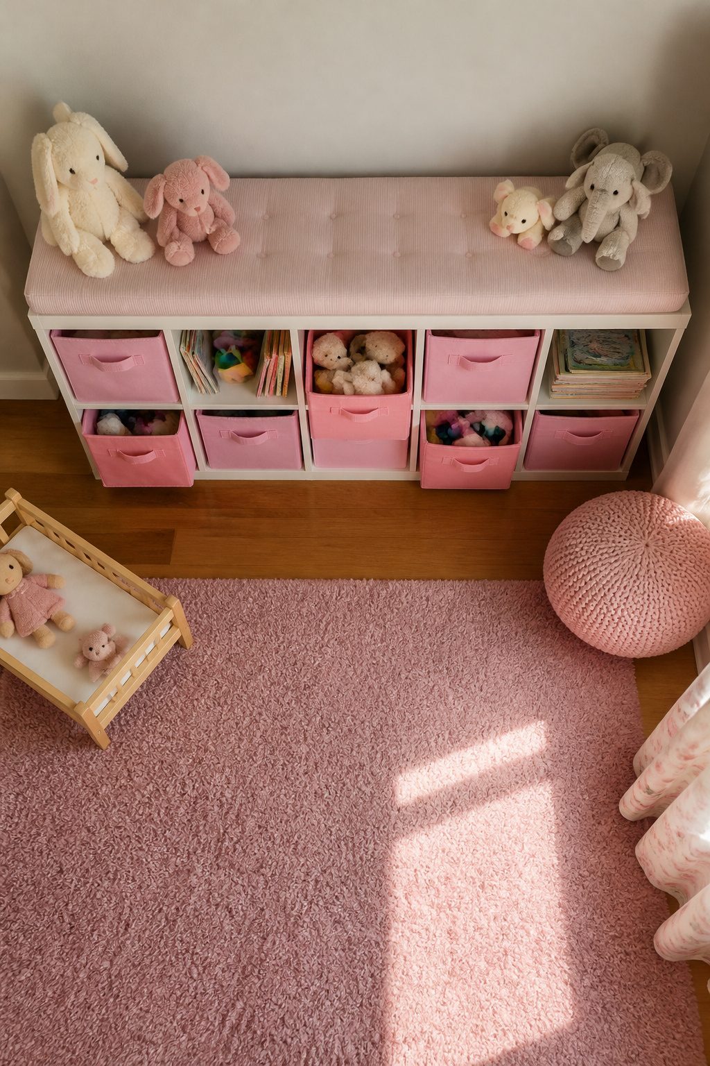 Cubby shelf unit with toys and books in a toddler girl bedroom.