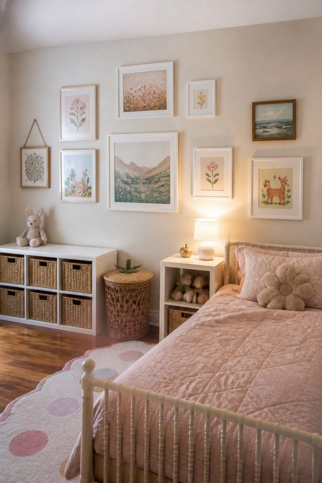 Framed prints of animals and landscapes on a toddler bedroom wall.