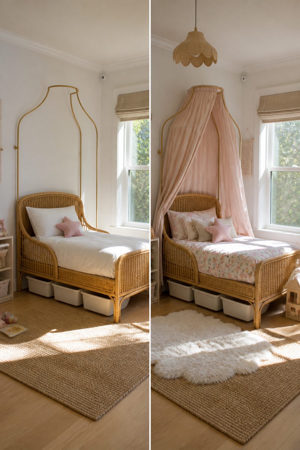 Rattan bed frame in a toddler bedroom, showcasing playful design.