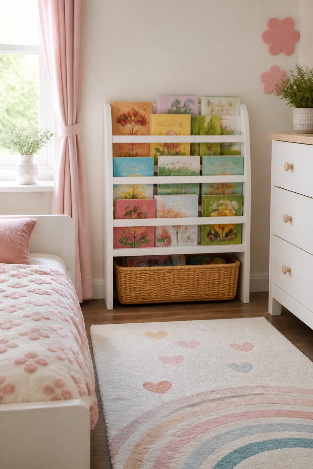 Low bookshelf in a toddler bedroom showcasing colorful children's books.