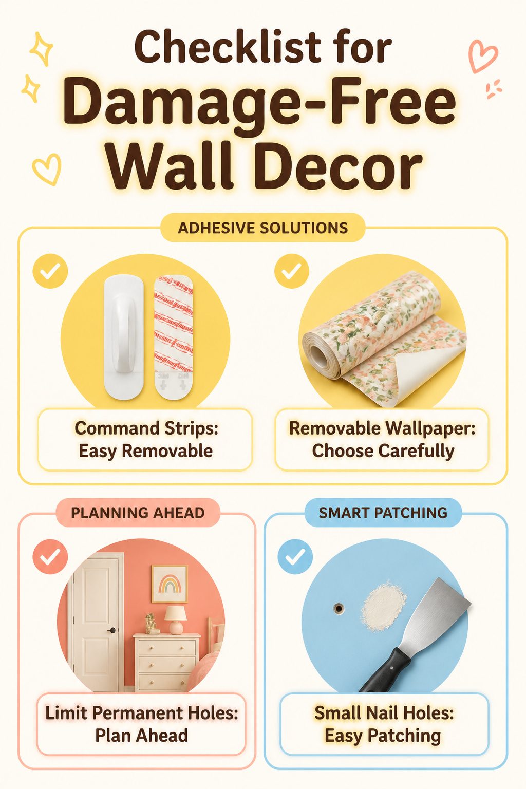 Checklist for using command strips for wall decor in a toddler bedroom.
