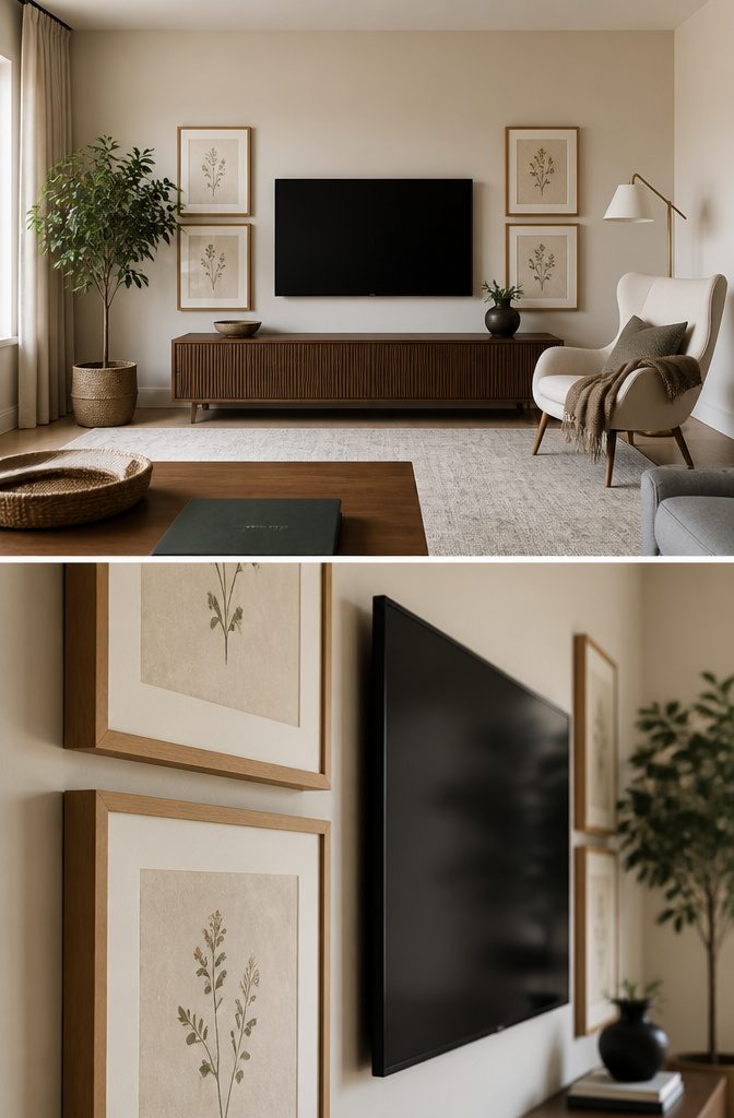 Television arranged among matching framed prints on a gallery wall