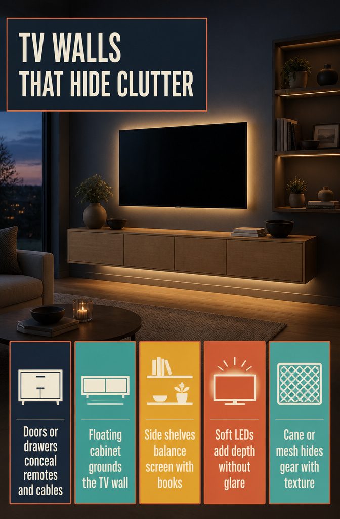 Television above a floating storage cabinet beside shelves with books and small objects