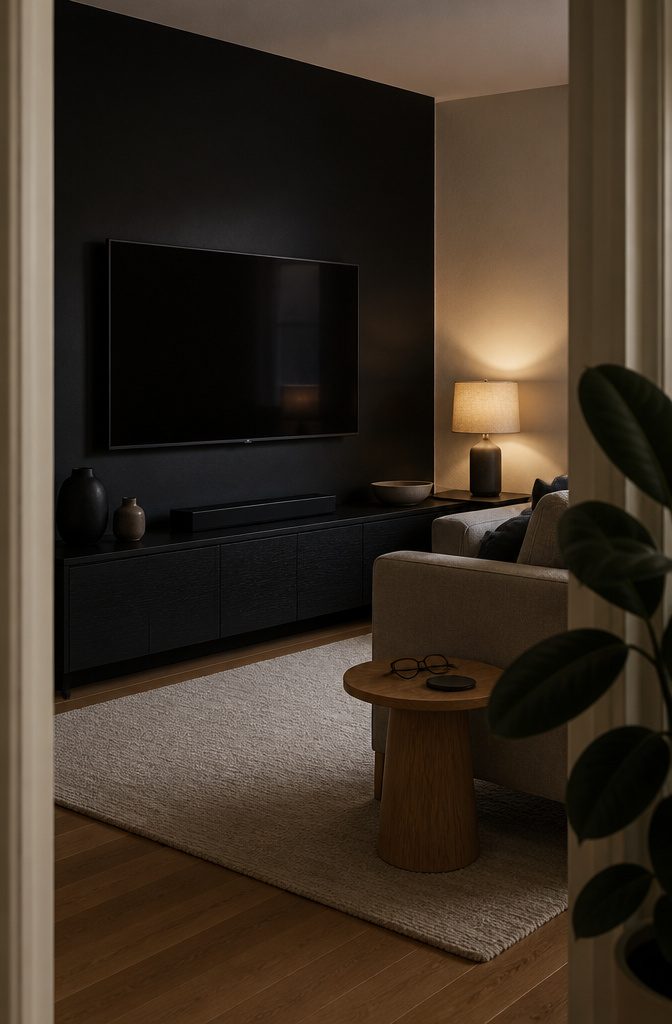 Television mounted against a matte black accent wall