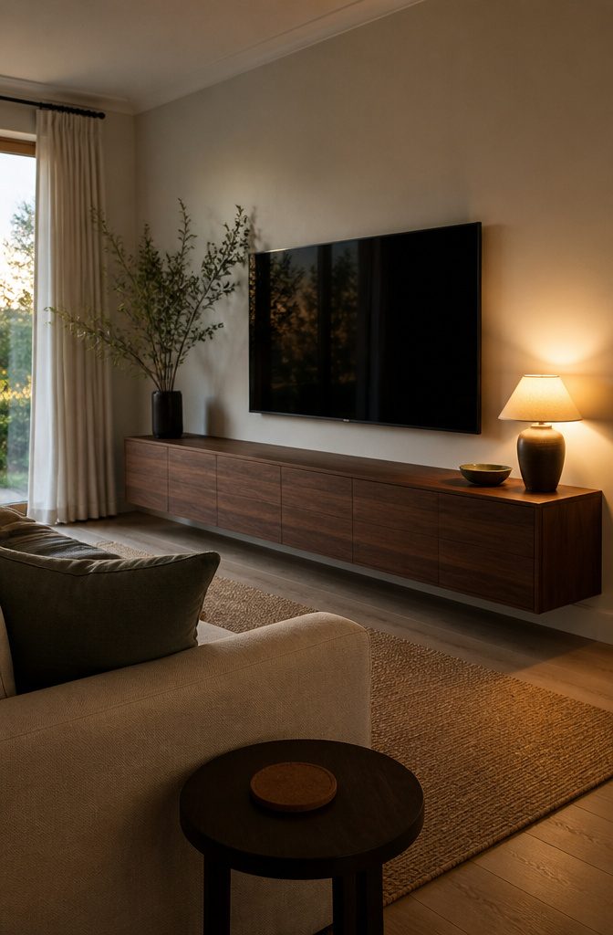 Wall-mounted television above a low walnut cabinet with a shaded lamp