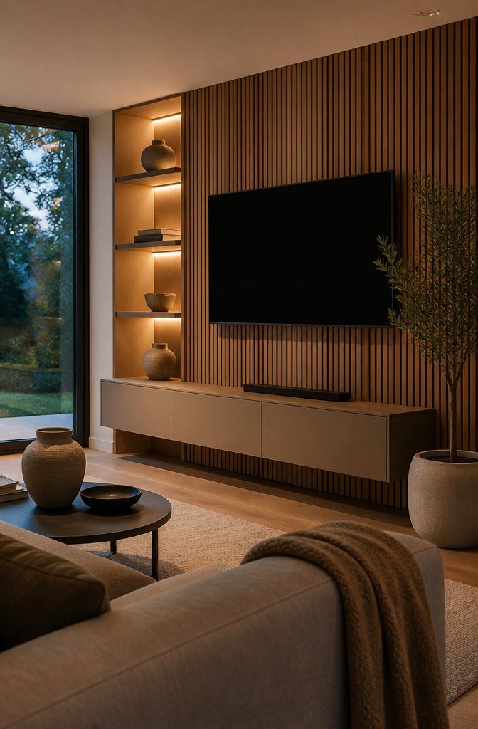 Television on warm wood slats with lit shelves and a taupe floating cabinet