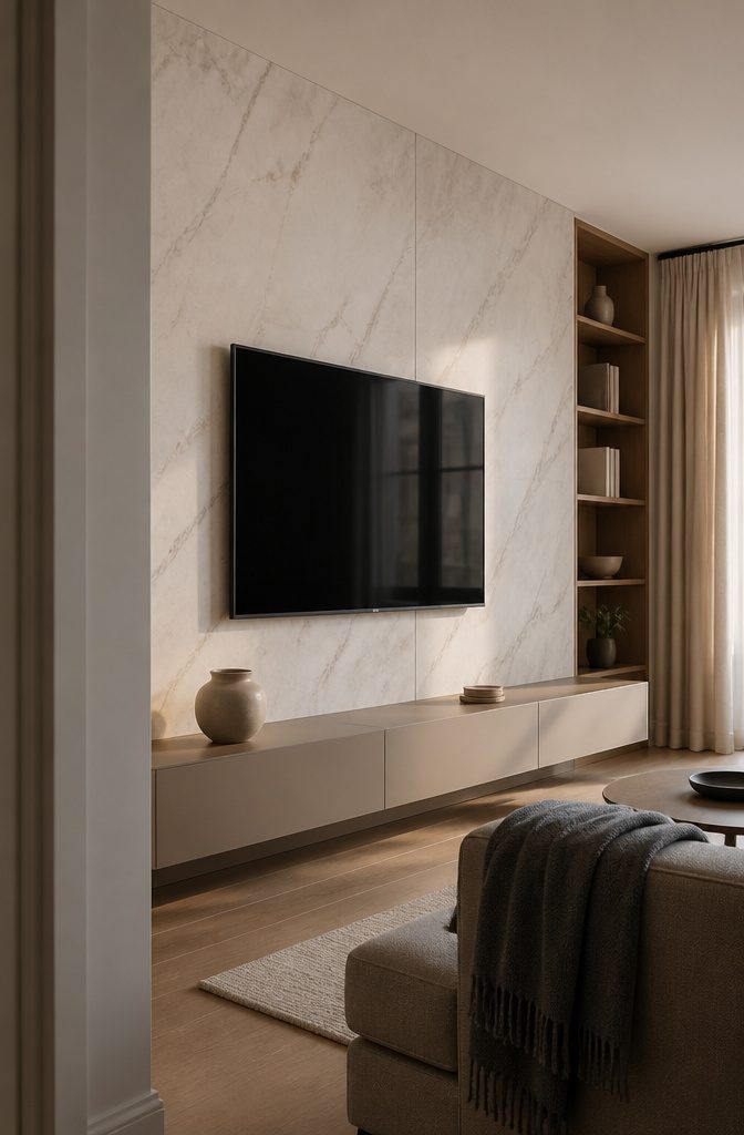 Television mounted on a wall with a textured finish