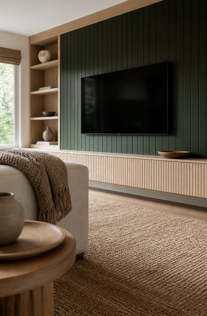 Television on deep green tongue-and-groove paneling beside pale wood shelves
