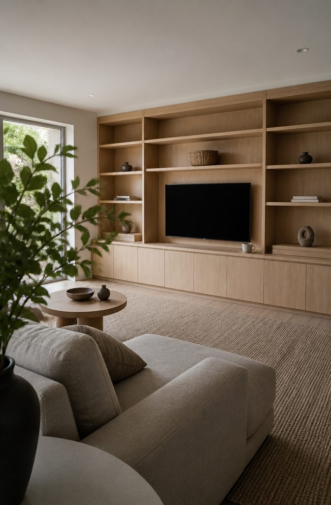 Television framed by built-in shelves holding books and a few decorative objects