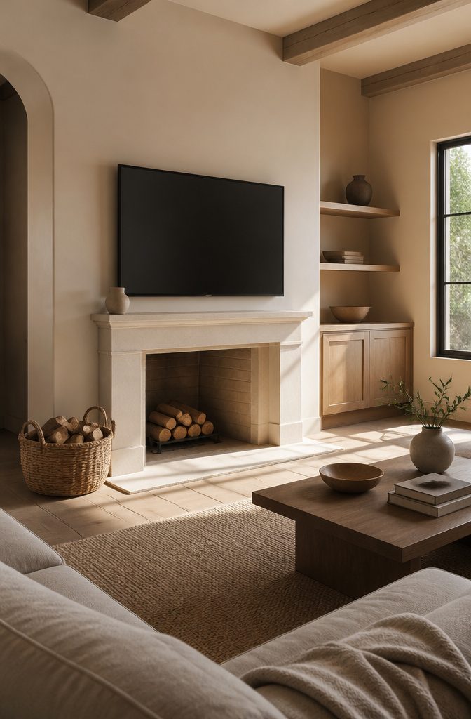 Television mounted above a fireplace mantel with sparse decorative objects