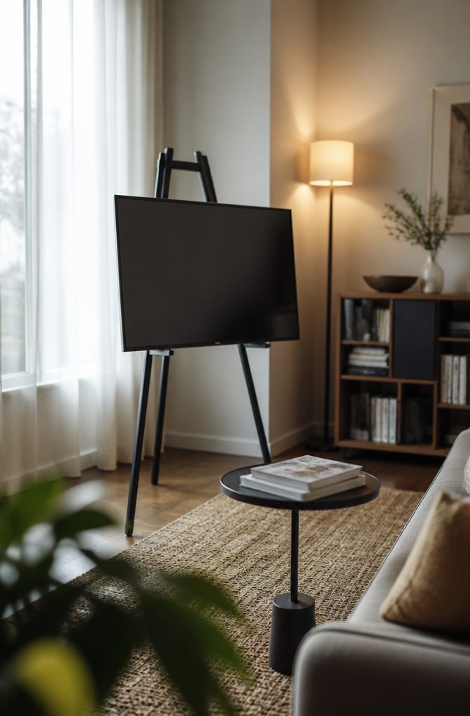 Television resting on a freestanding easel frame in a living room
