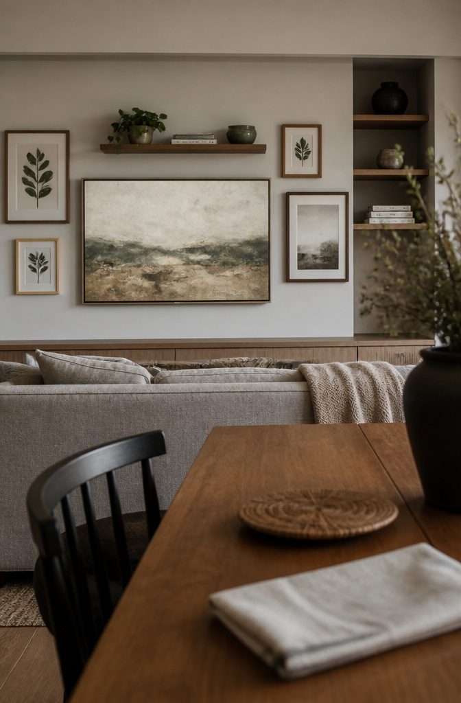 Samsung The Frame displaying artwork among framed pictures on a gallery wall