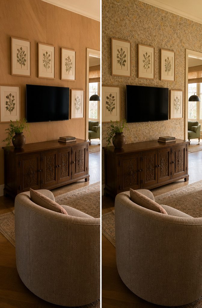 Television set against light wood with matching framed prints around it