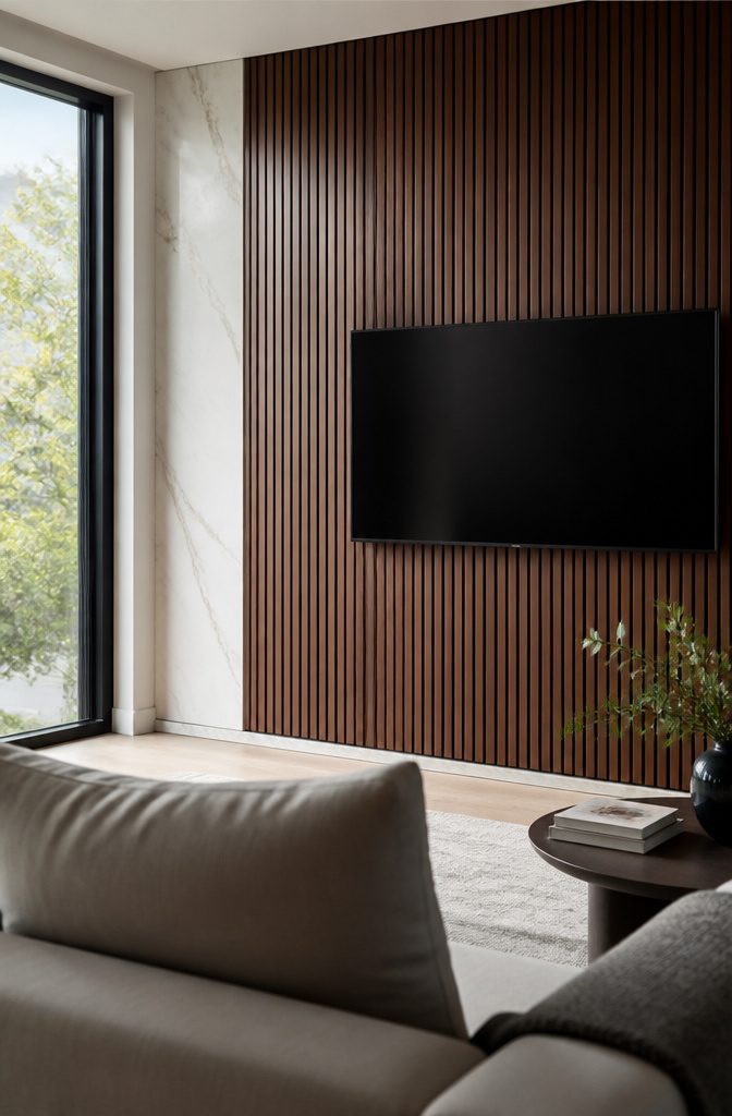 Television against dark walnut slats with a narrow strip of pale marble