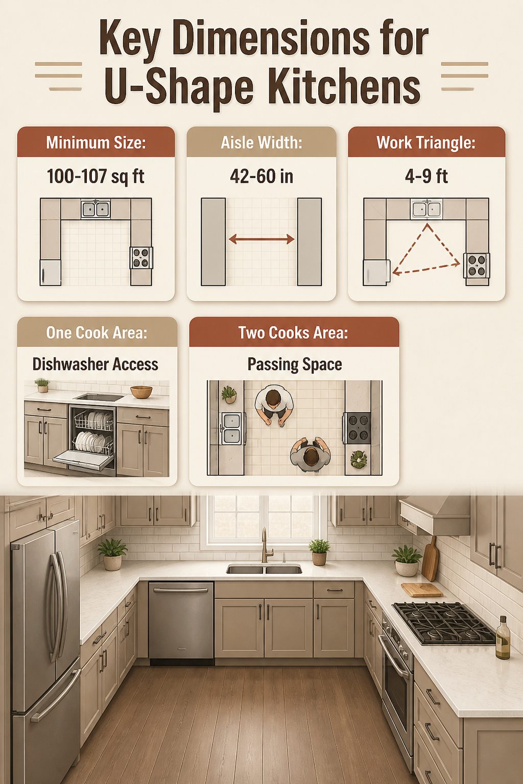 Diagram showing key dimensions for U-shaped kitchens.