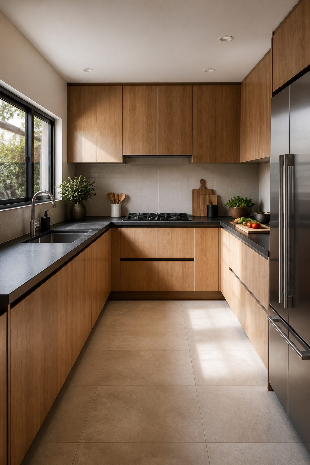 Ergonomic U-shaped kitchen layout with sink, cooktop, and refrigerator.