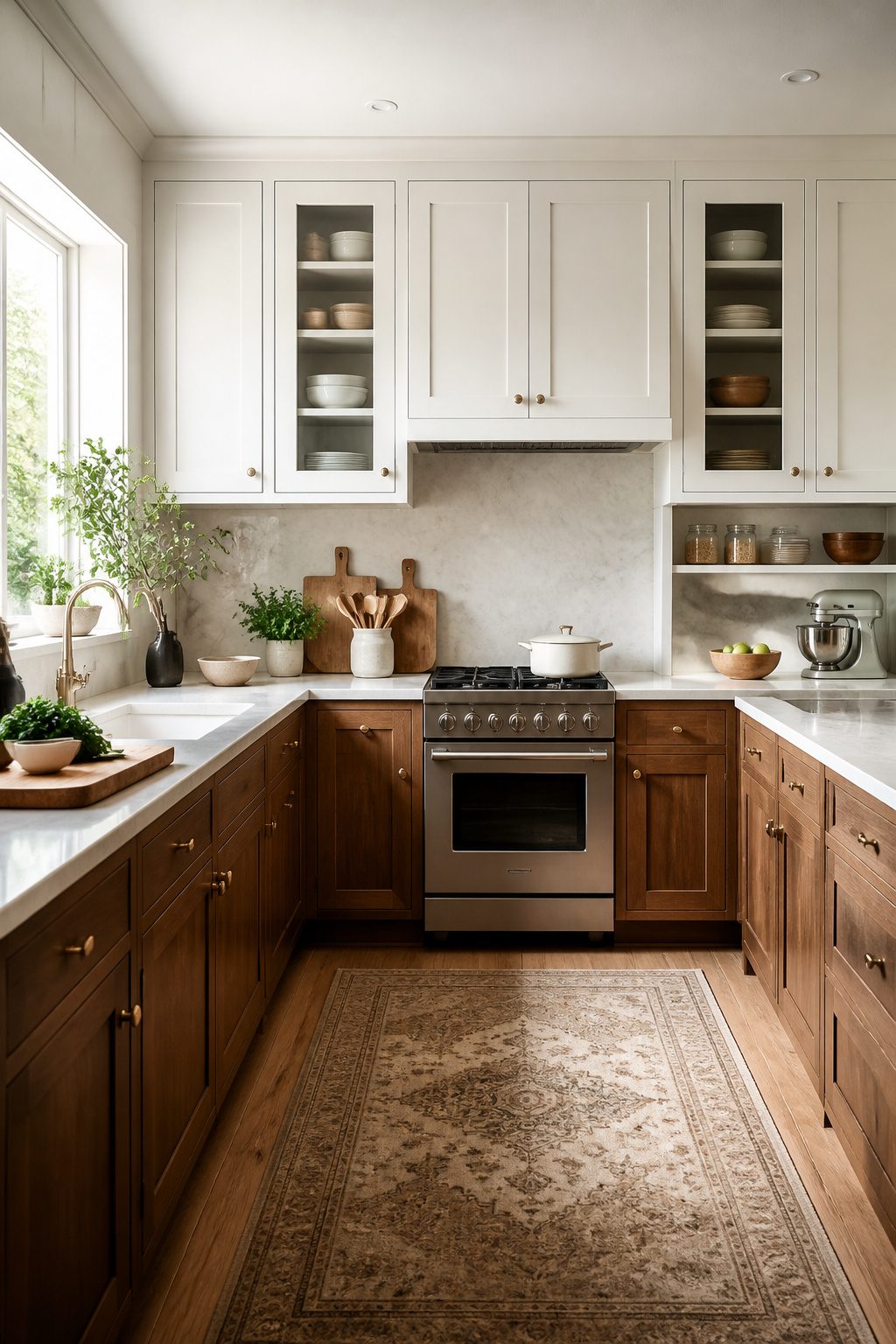 U-shaped kitchen with cabinetry on three walls for storage.