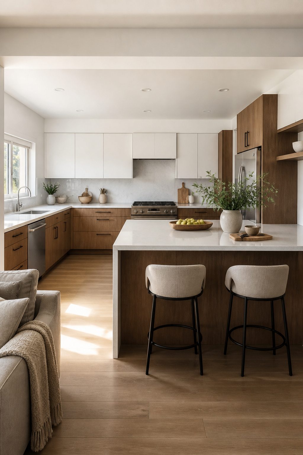 U-shaped kitchen with a peninsula and breakfast bar.