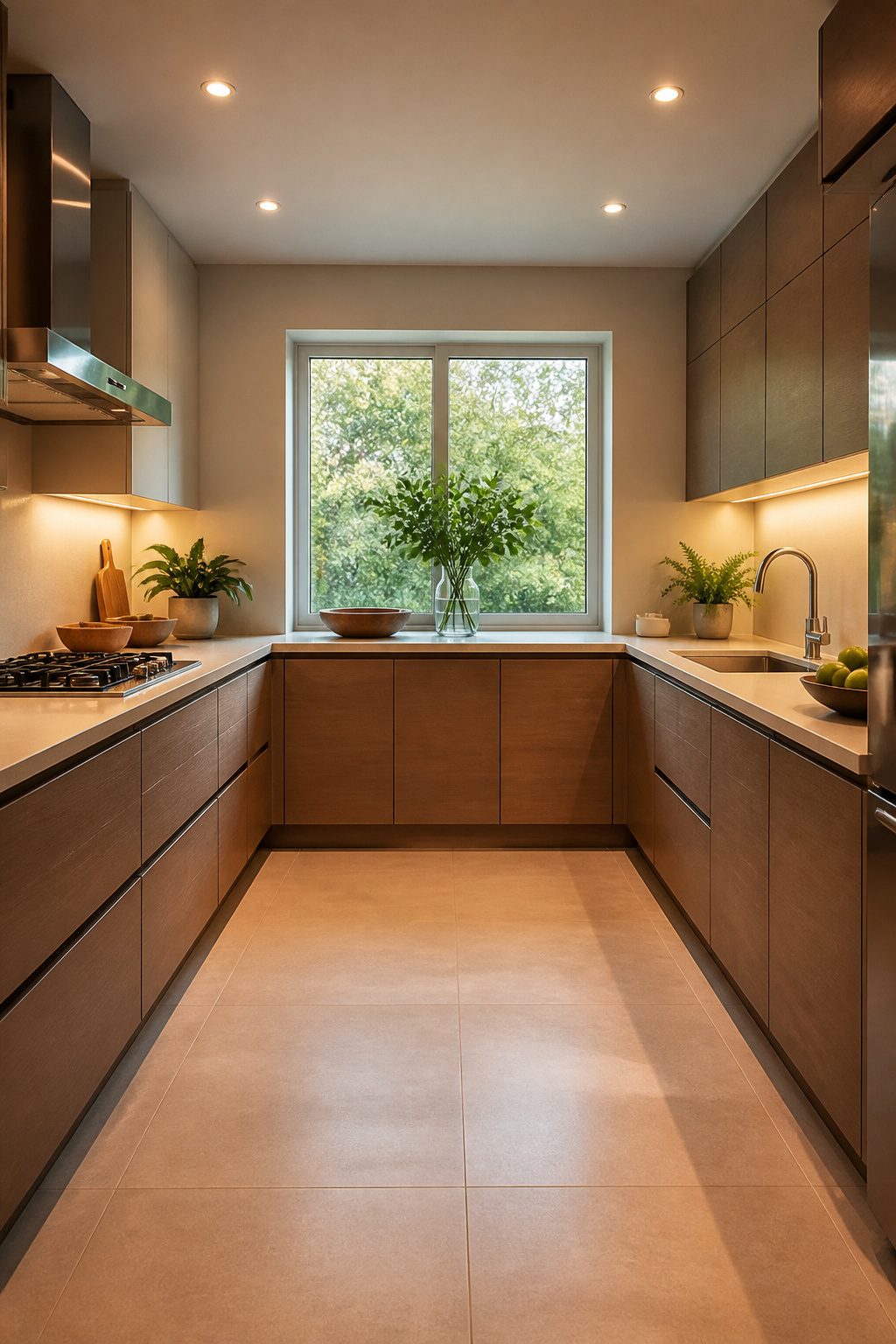 U-shaped kitchen with under-cabinet task lighting.