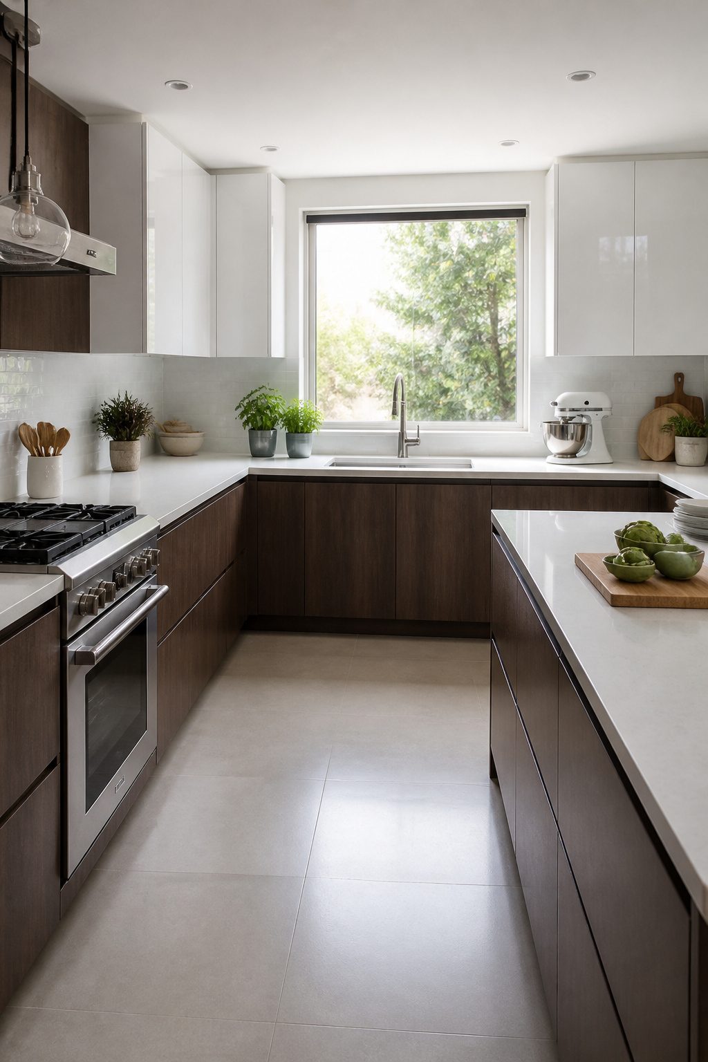 U-shaped kitchen with expansive countertops for food preparation.