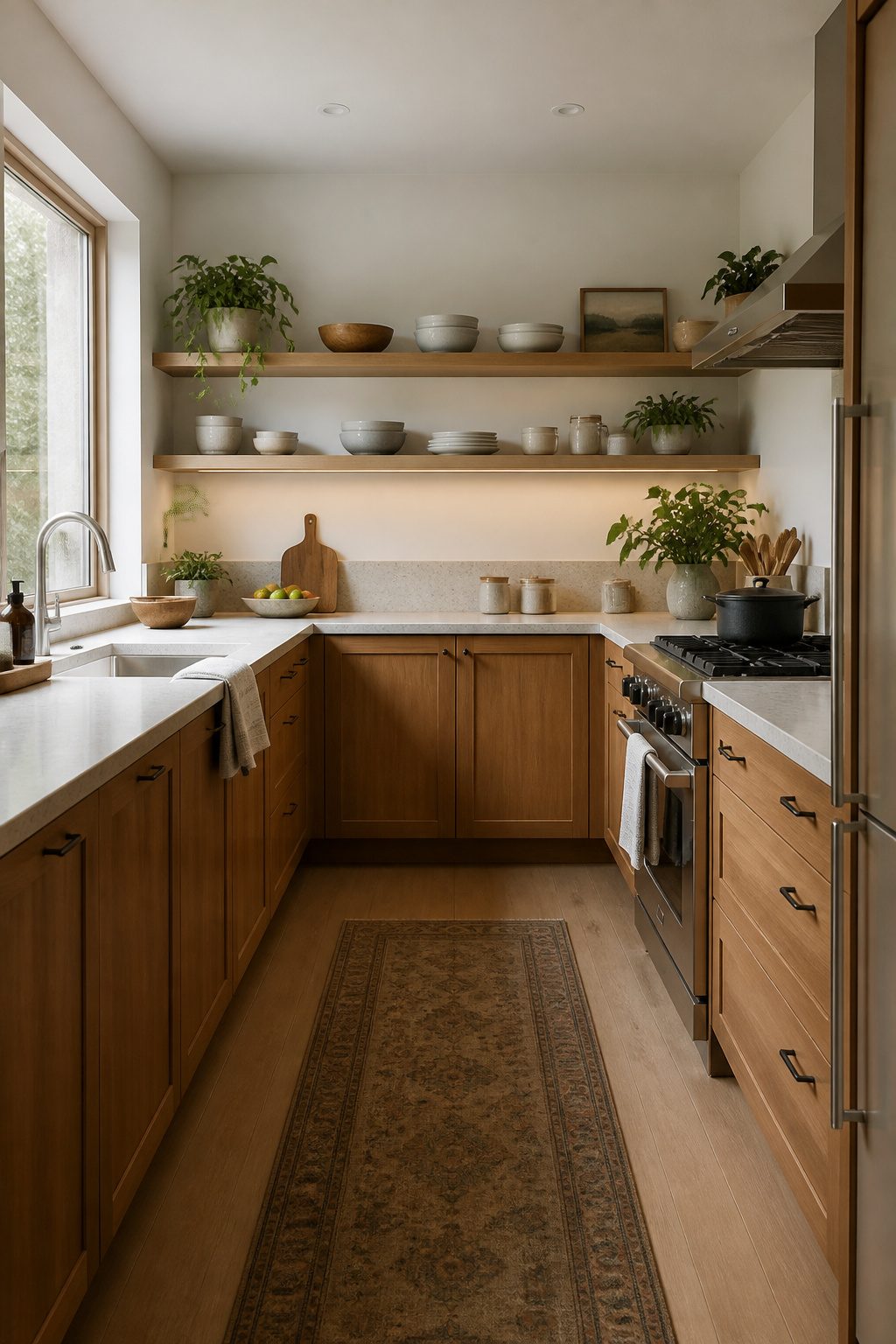 U-shaped kitchen featuring open shelving instead of upper cabinets.
