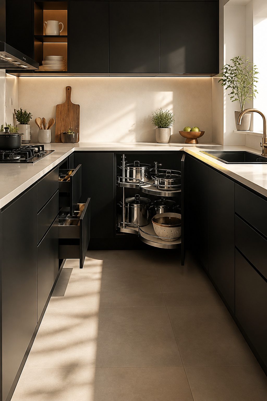 U-shaped kitchen with a carousel corner storage unit.