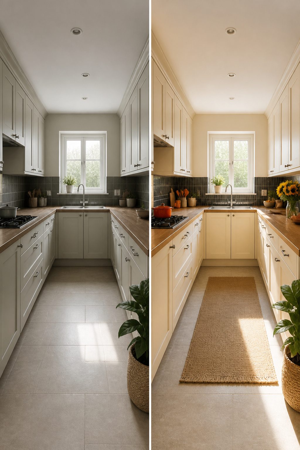 U-shaped kitchen with light-colored cabinetry and countertops.