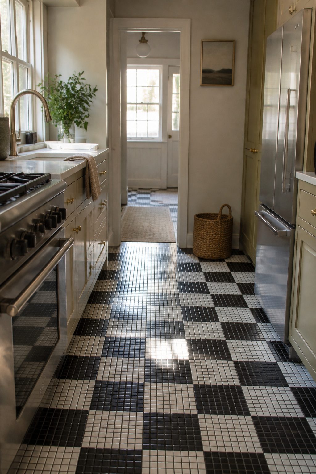 A small kitchen with black and white checkerboard flooring.