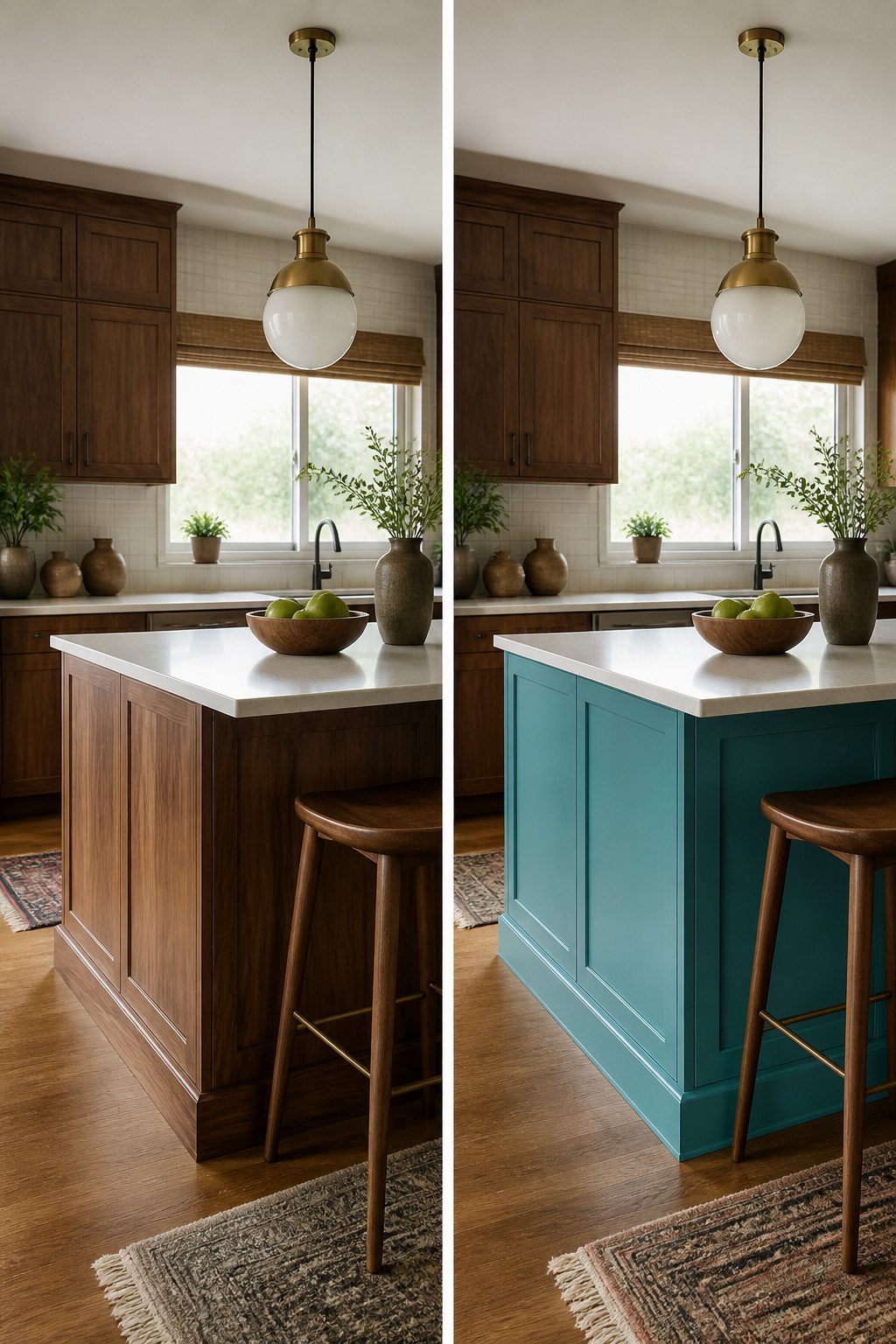 A kitchen with turquoise cabinets paired with white and walnut accents.