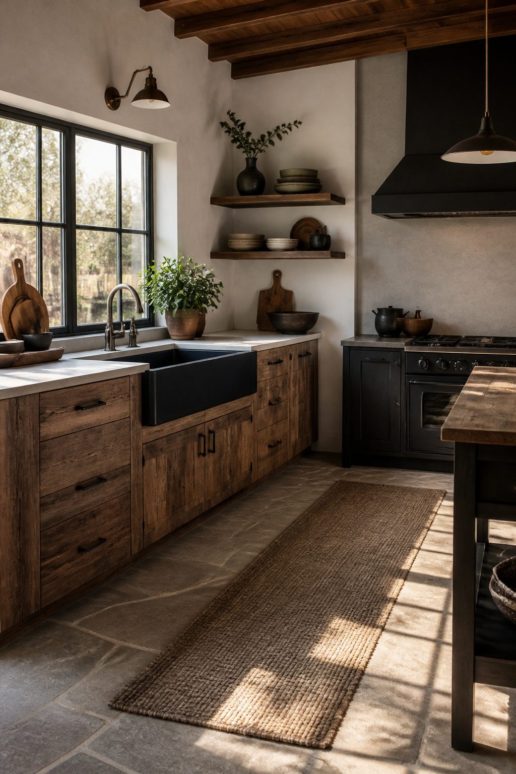 A kitchen showcasing an apron-front sink with a modern finish.