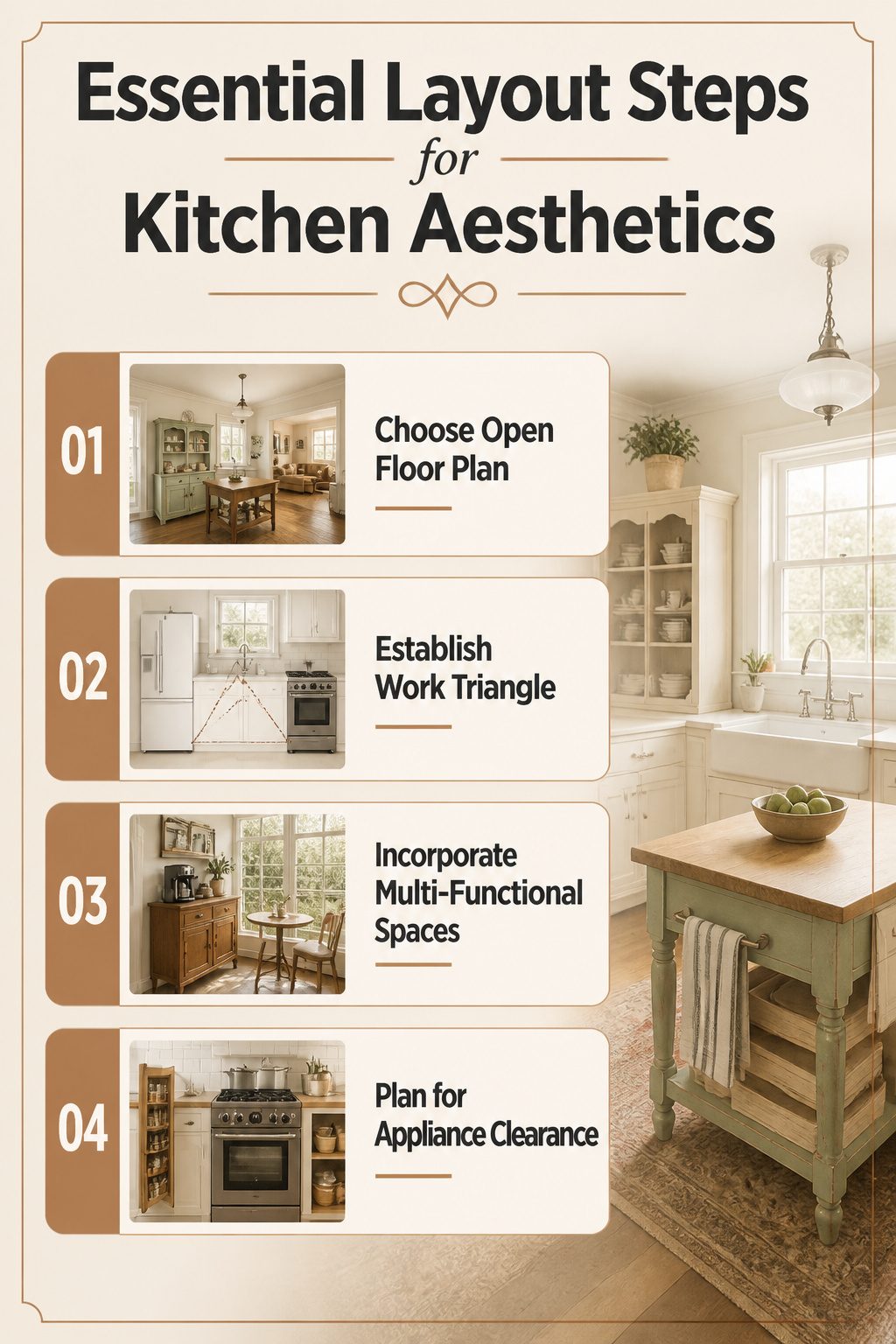 A layout diagram showing an open kitchen design with vintage elements.