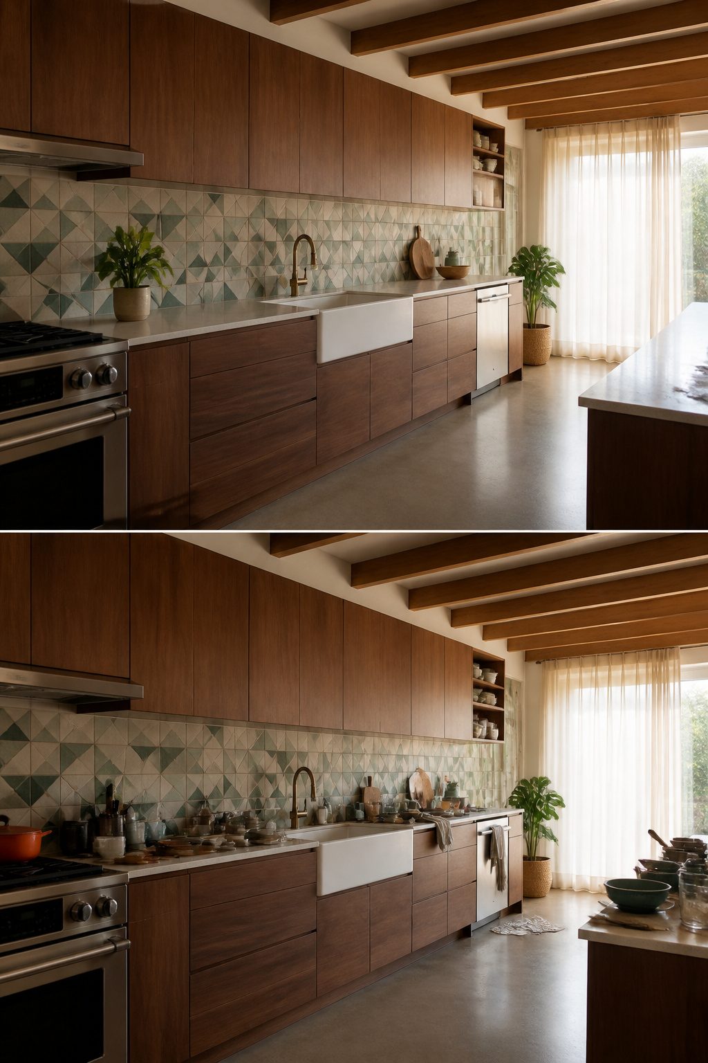 A kitchen that showcases mid-century and farmhouse design elements.