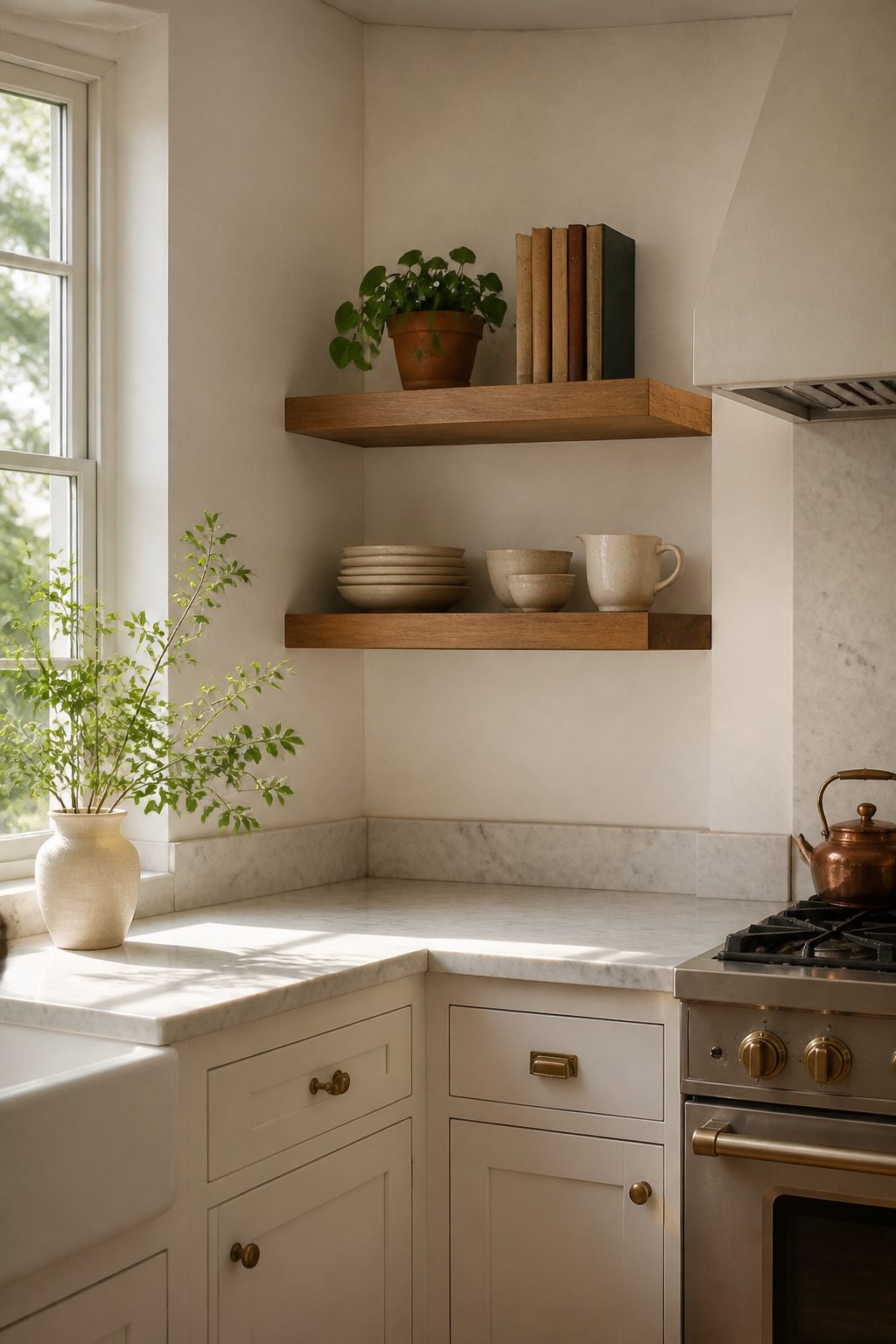A kitchen corner with open shelves displaying cookbooks and a plant.