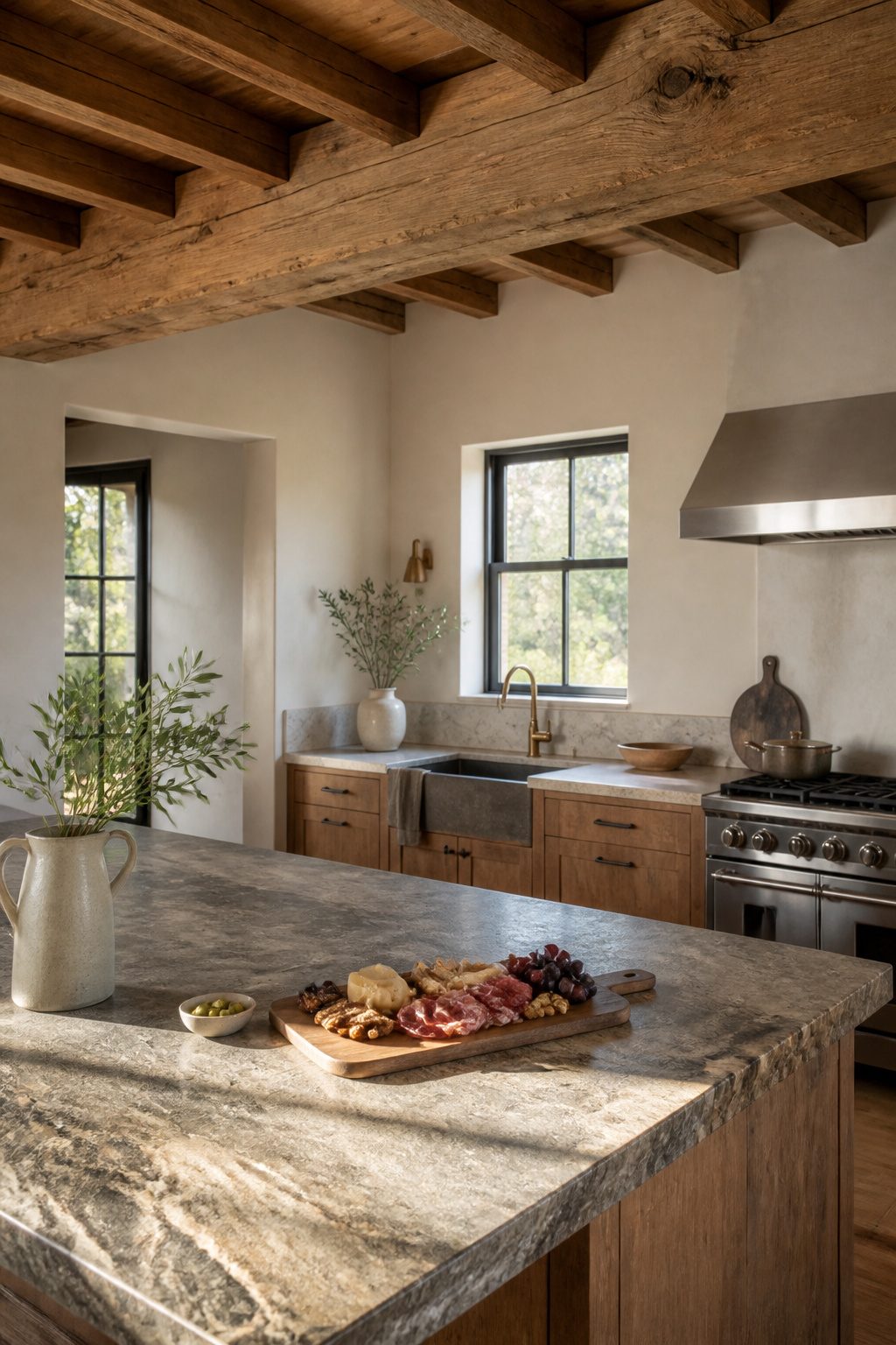 A kitchen with reclaimed wood beams and a natural stone countertop.