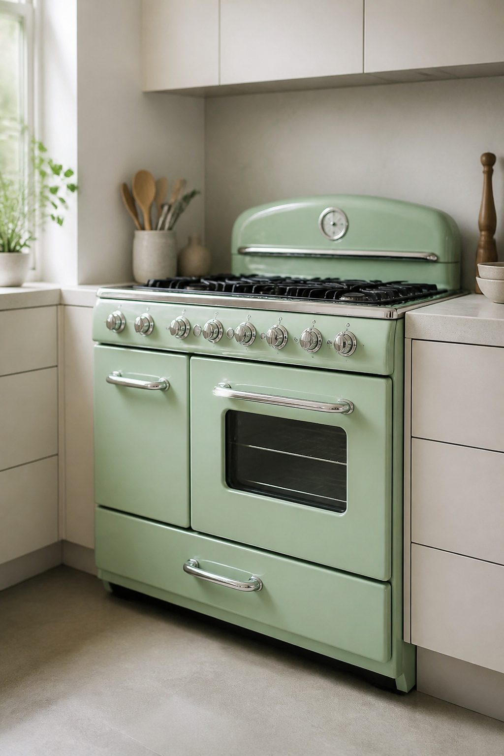 A kitchen featuring a rounded refrigerator and a bold range.